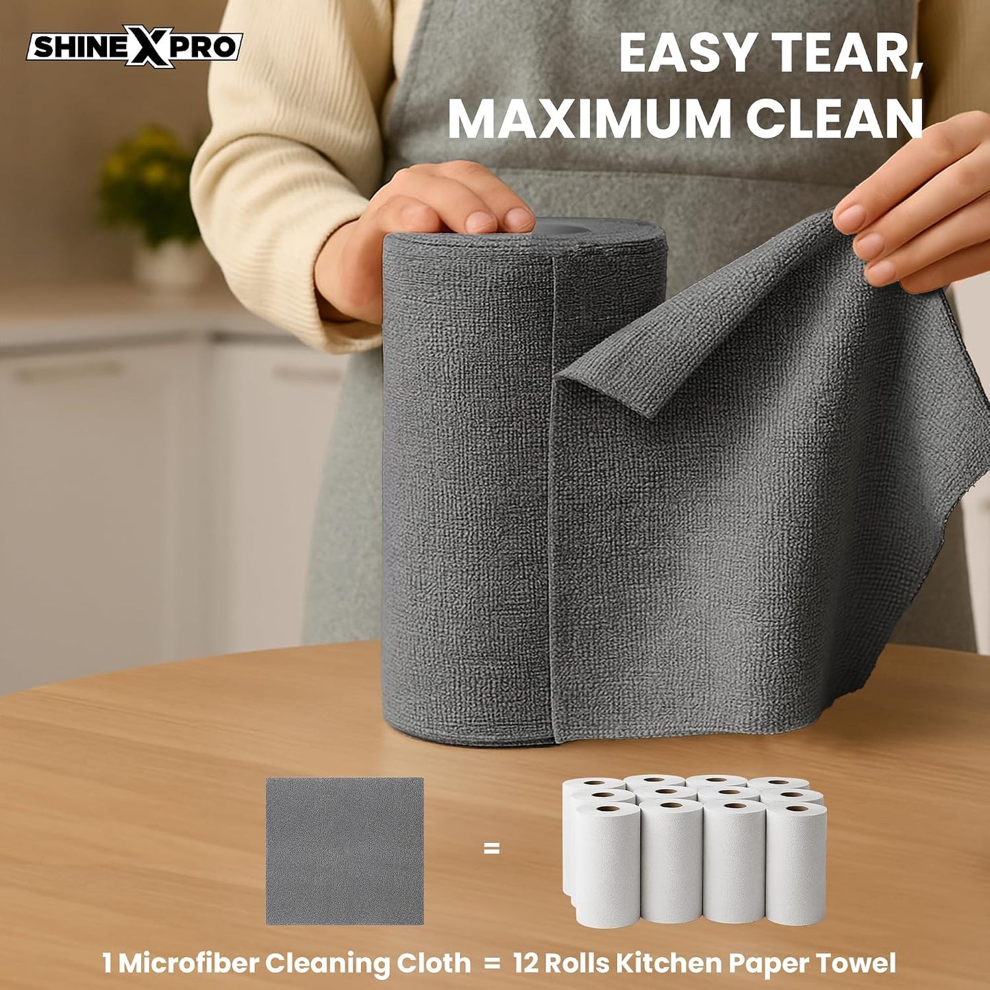ShineXPro Microfiber Cleaning Cloth Roll, 20Pcs, 4000 Times Washable - 10X Cheaper Than Paper Kitchen Towel Roll - Ultra Absorbent Lint Free Microfiber Cleaning Cloth for Kitchen - Tearable