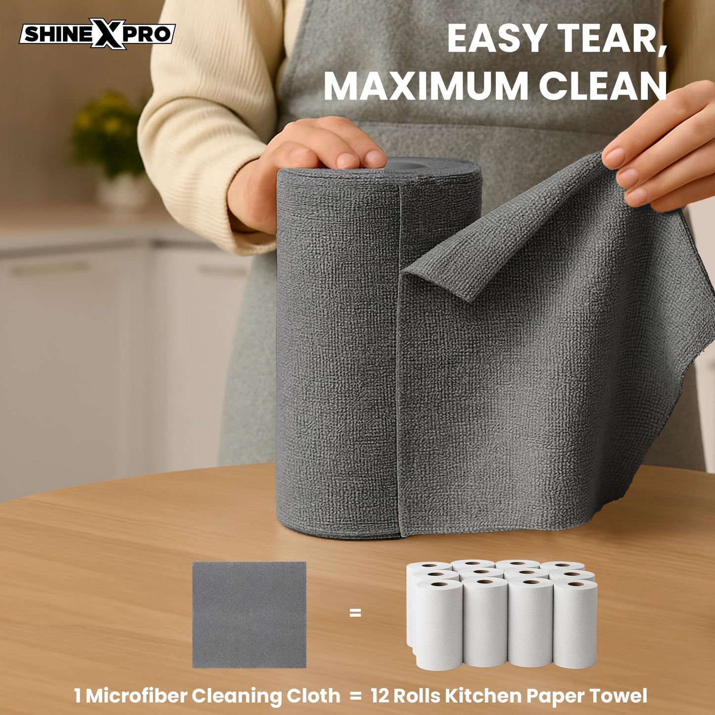 ShineXPro Microfiber Cleaning Cloth Roll, 20Pcs, 4000 Times Washable - 10X Cheaper Than Paper Kitchen Towel Roll - Ultra Absorbent Lint Free Microfiber Cleaning Cloth for Kitchen - Tearable
