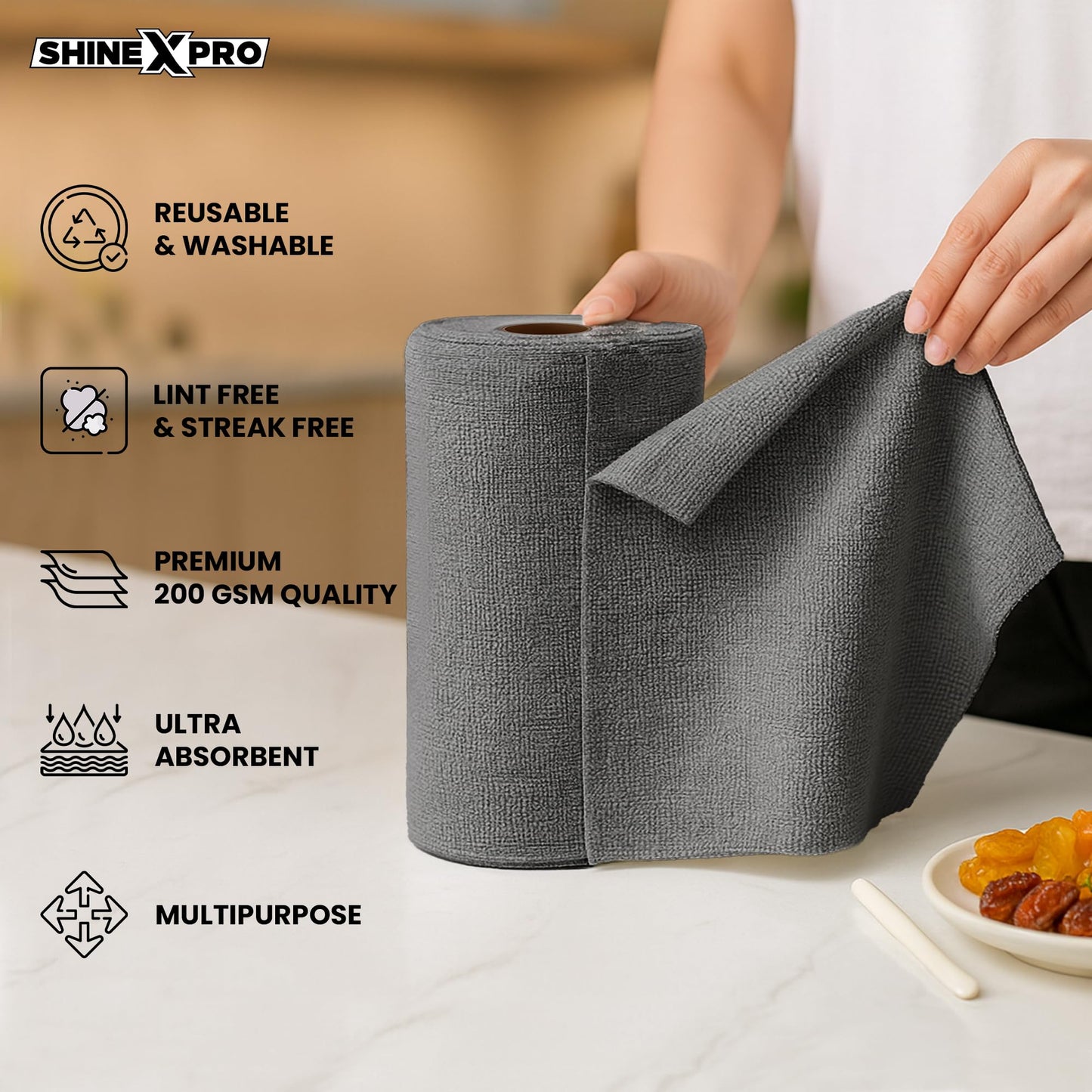 ShineXPro Microfiber Cleaning Cloth Roll, 20Pcs, 4000 Times Washable - 10X Cheaper Than Paper Kitchen Towel Roll - Ultra Absorbent Lint Free Microfiber Cleaning Cloth for Kitchen - Tearable